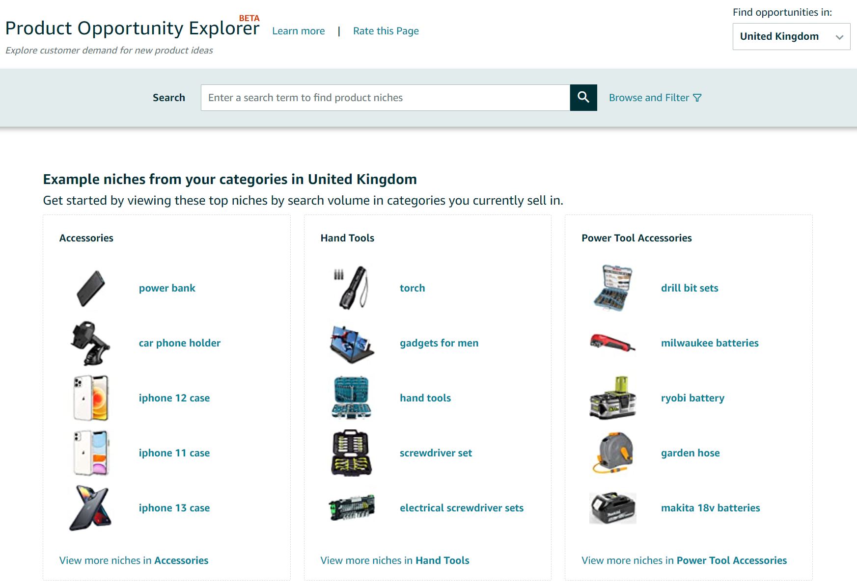Amazon Product Opportunity Explorer dashboard showing example niches and search functionality