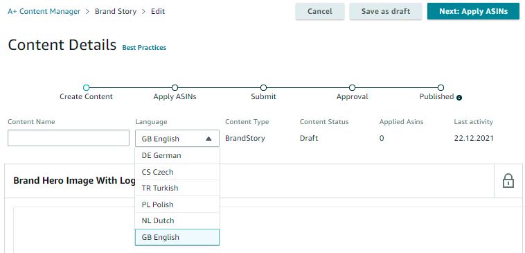 Select a language and give the Brand Story a name