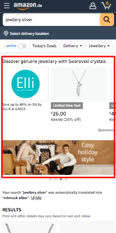 Example of Amazon Sponsored Brands ads above search results in mobile view