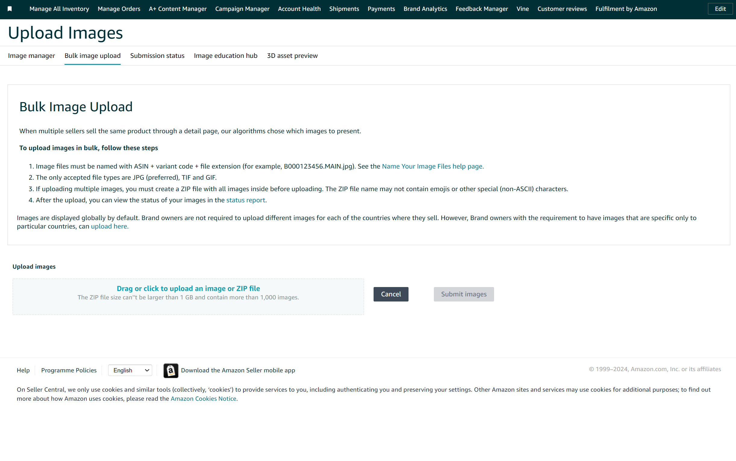 Page in Vendor Central where you can upload many images at once