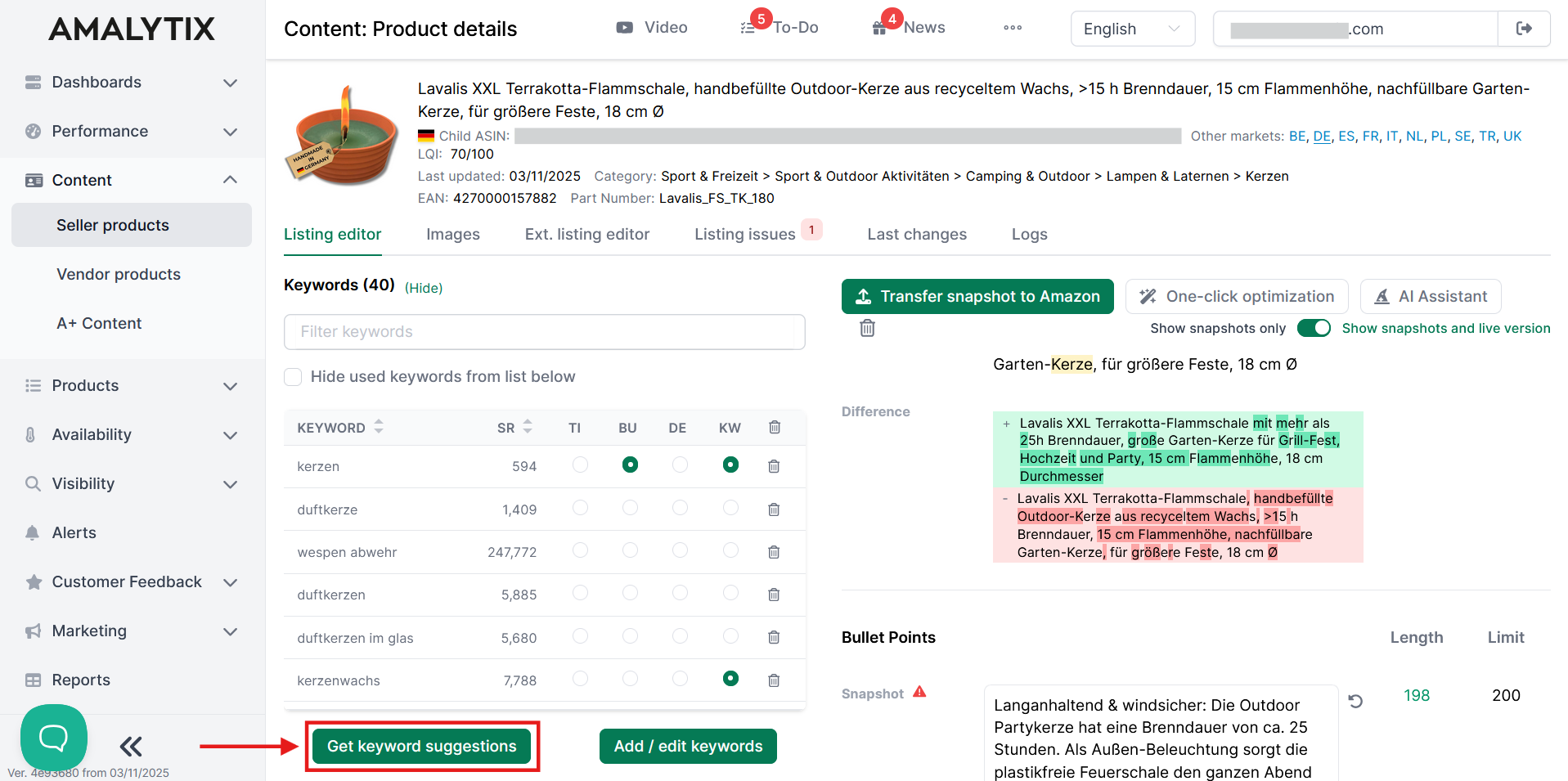 Amazon Keyword Research in AMALYTIX