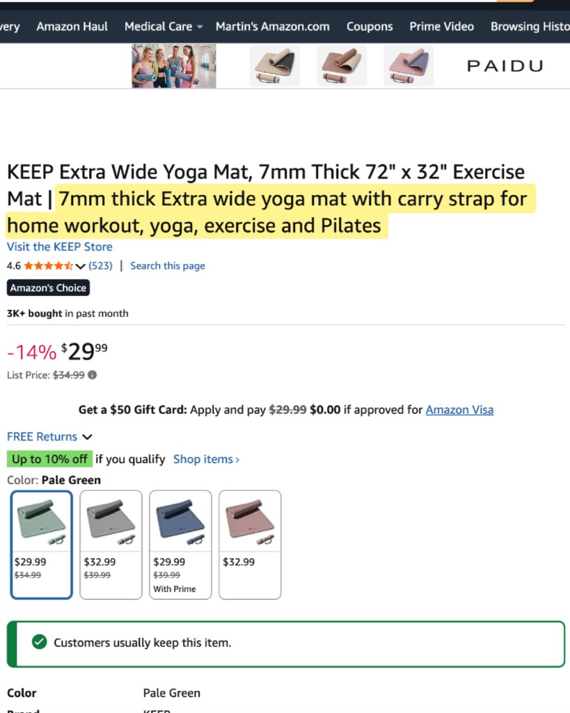 Amazon product title and Item Highlights on desktop