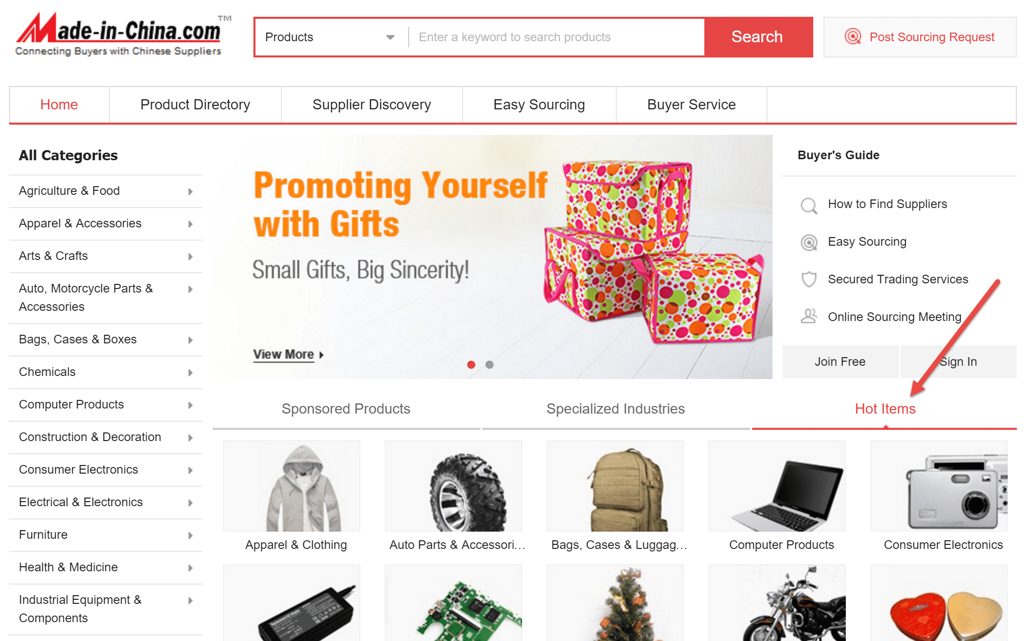 Screenshot of the Made-in-China website homepage as an example of a supplier platform