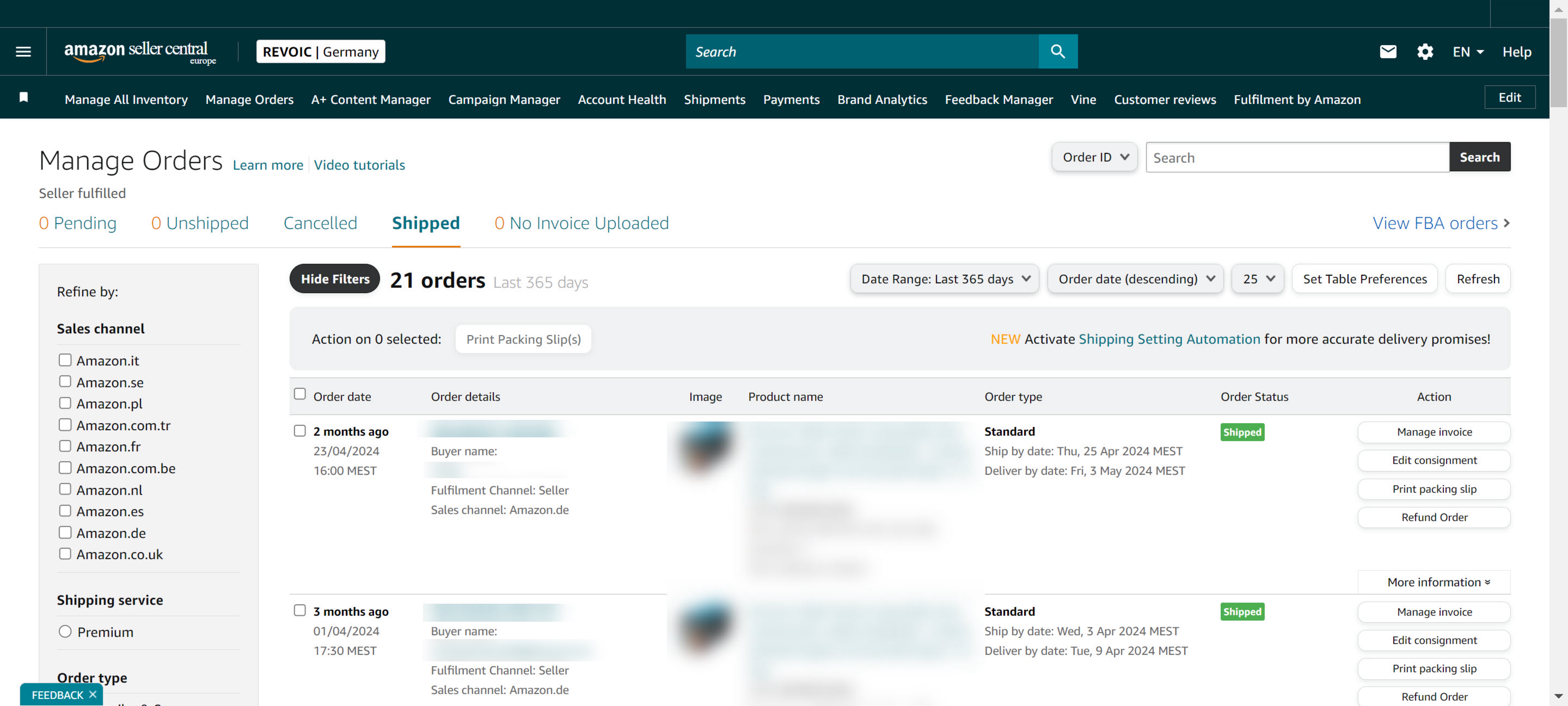 Overview of received orders and their status in Seller Central