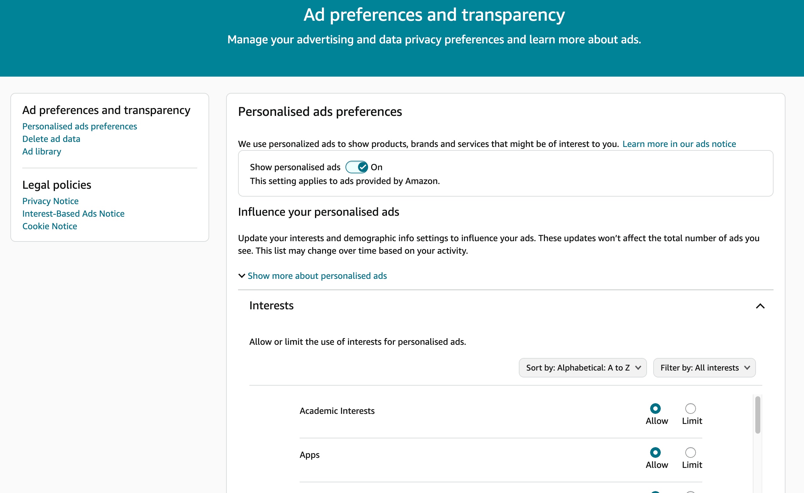 Amazon advertising and data privacy preferences