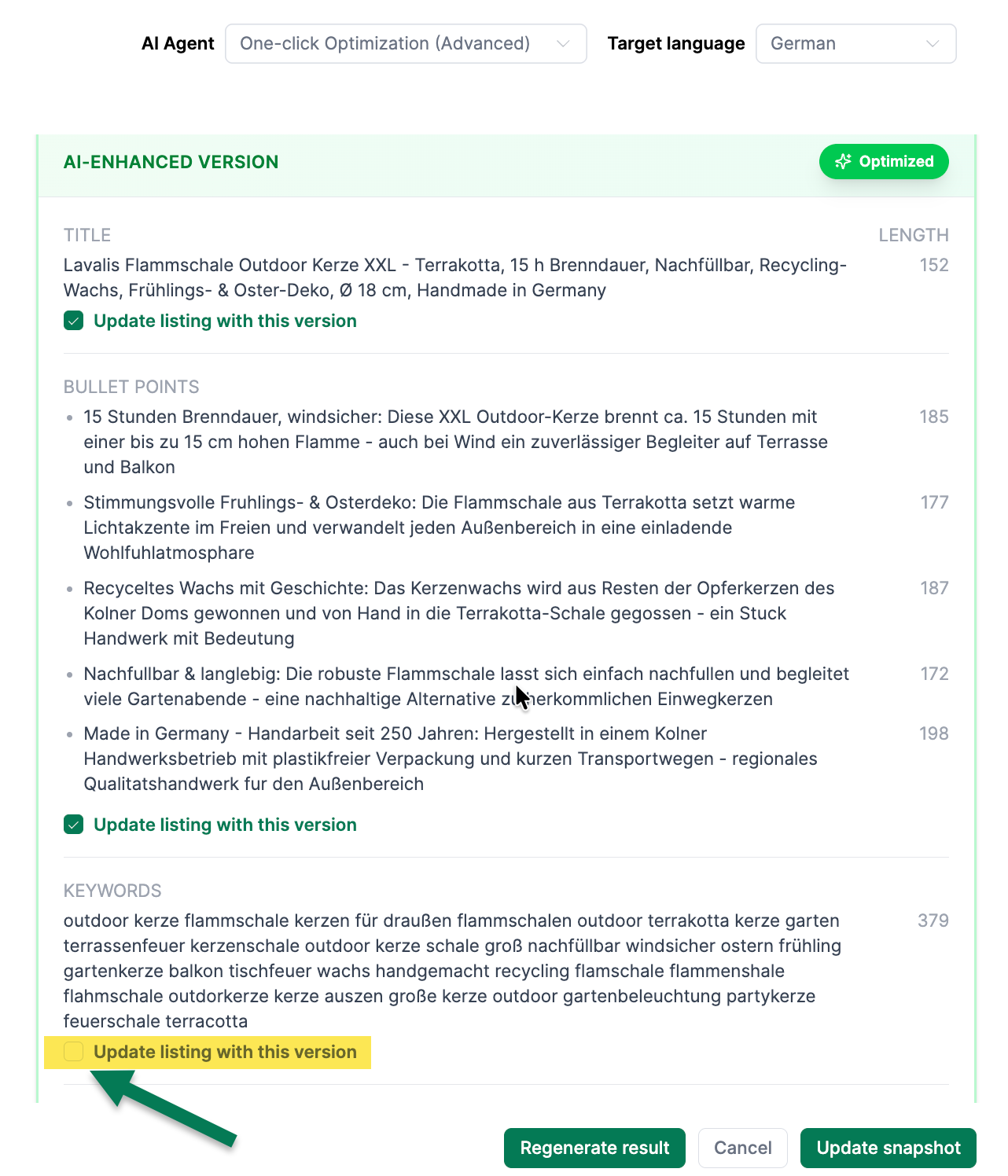Agent für Ein-Klick-Optimierung - Ansicht