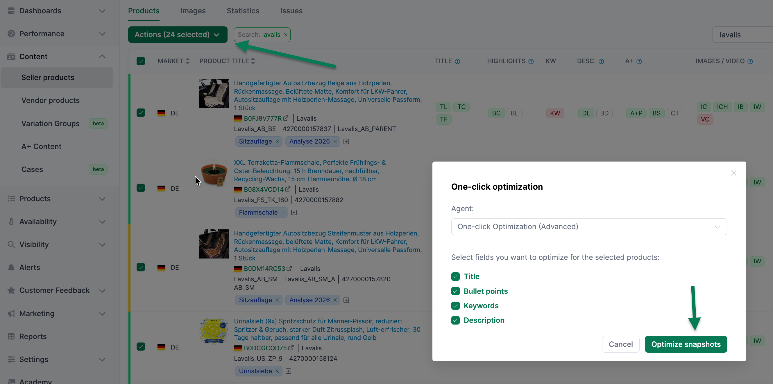 Ein-Klick-Optimierung im Bulk nutzen - Ansicht