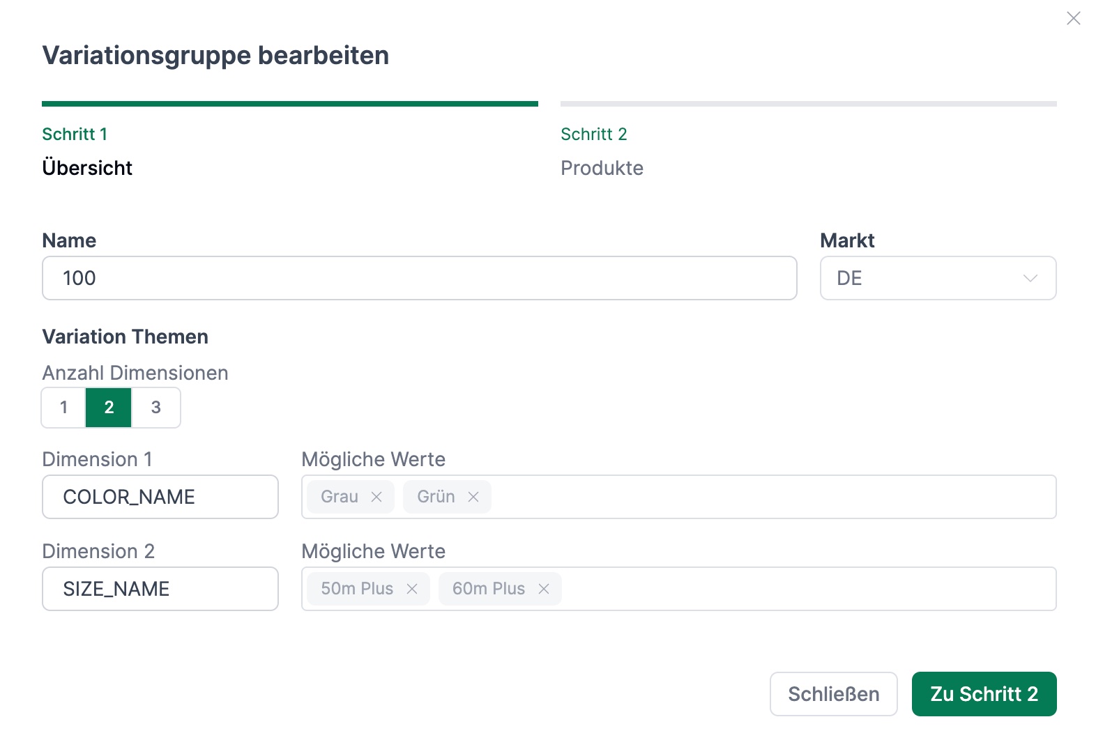 Variationsgruppe erstellen - Übersicht