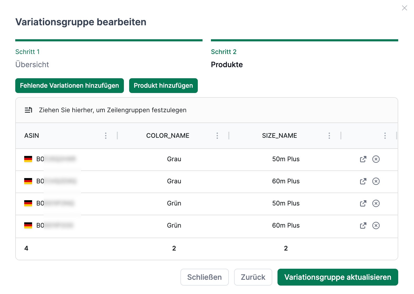 Variationsgruppe erstellen - Übersicht