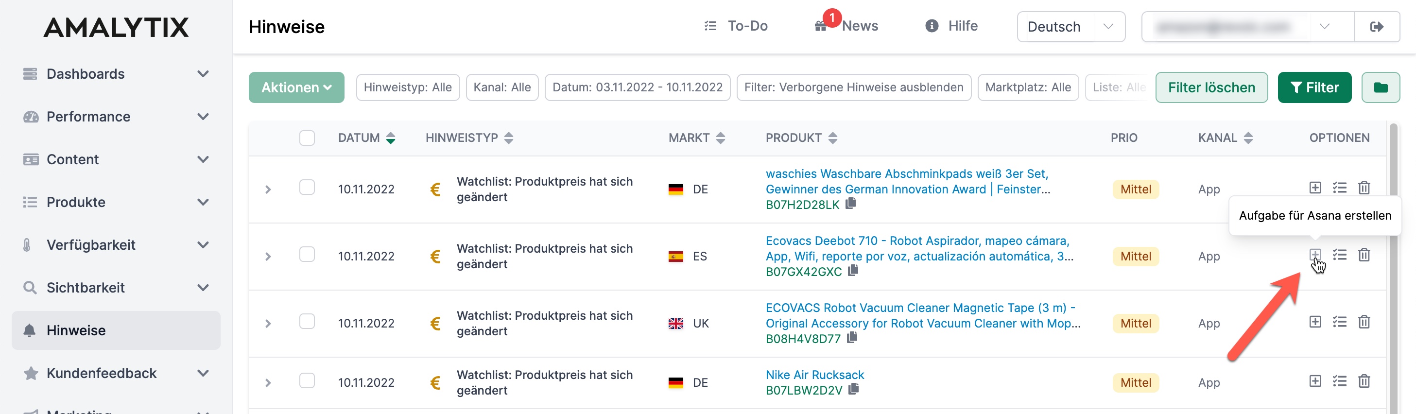 Übersicht der Hinweise der verknüpften App in AMALYTIX