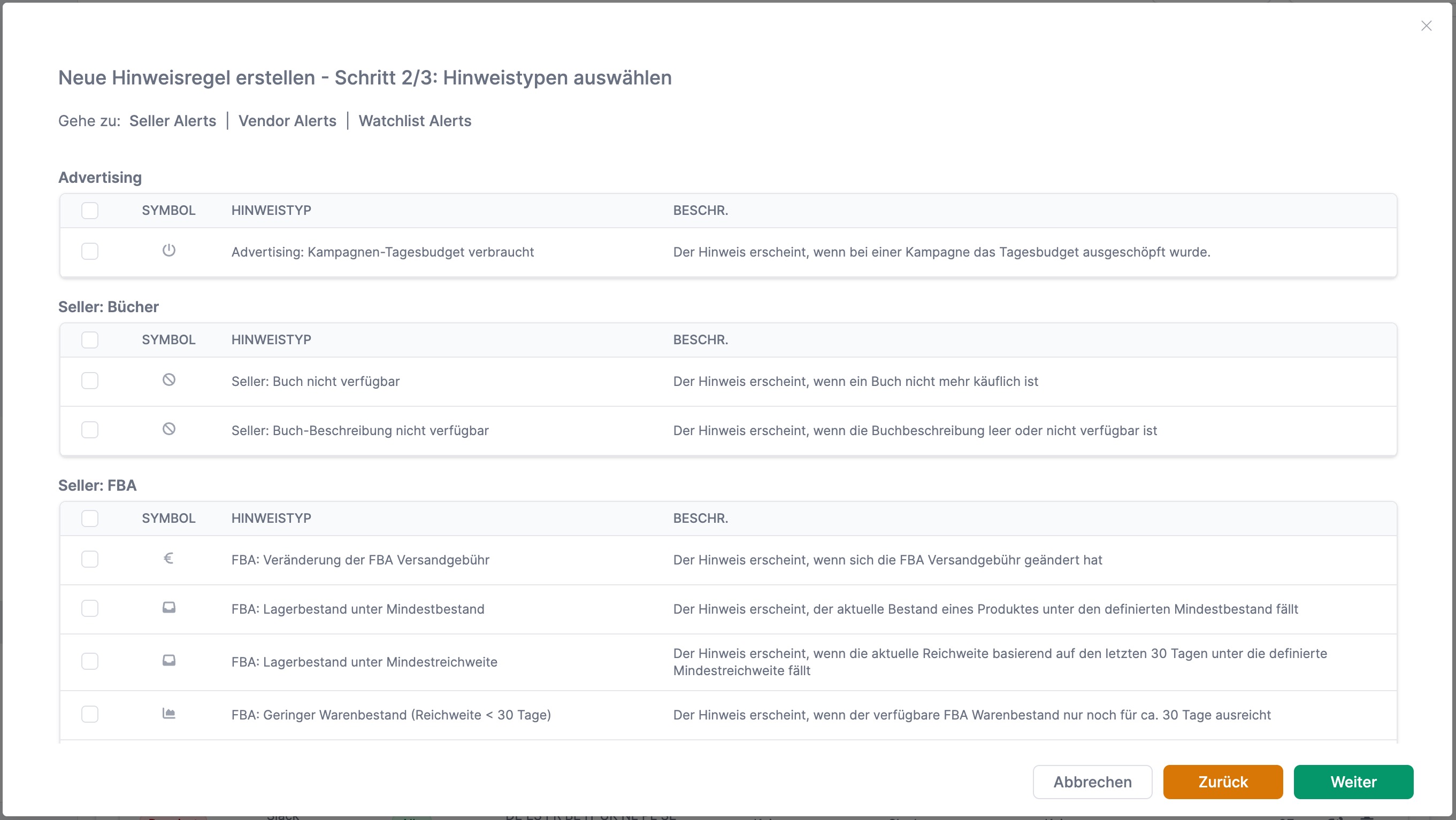 Amazon Hinweise erstellen mit AMALYTIX - Hinweistypen auswählen