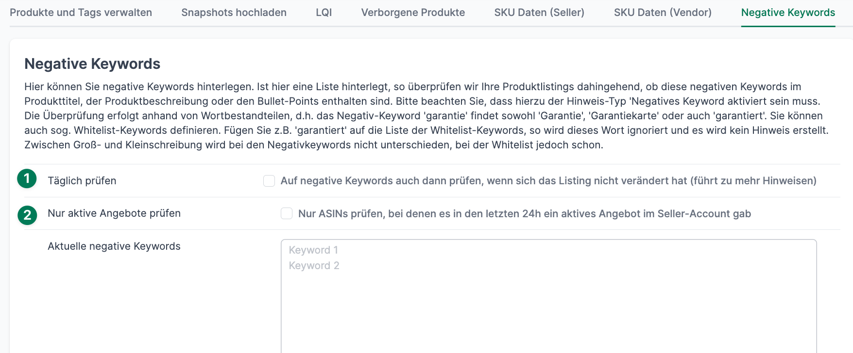 Amazon Negativ-Keywords prüfen mit AMALYTIX