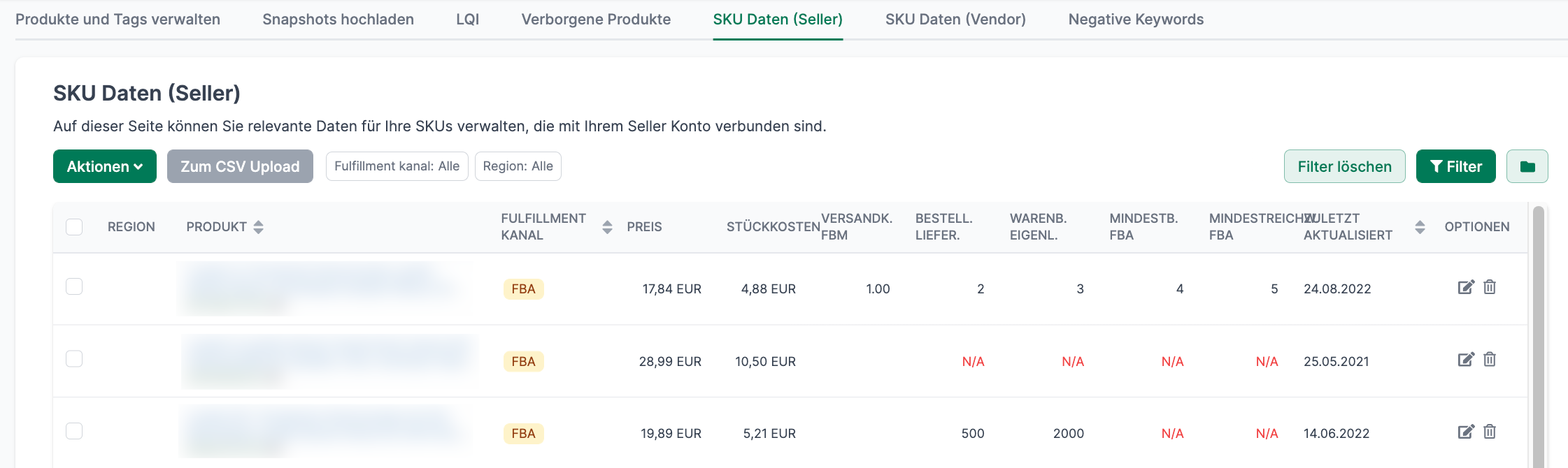 Seller SKU Daten Übersicht in AMALYTIX