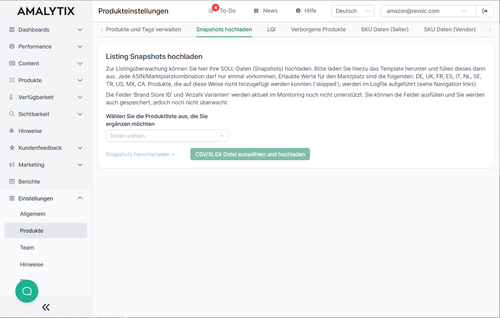 Amazon Listing Snapshots als CSV hochladen mit AMALYTIX