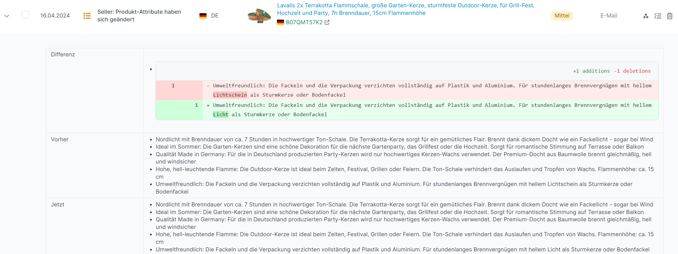 Amazon Hinweis Produkt-Attribute haben sich geändert zusätzliche Angaben