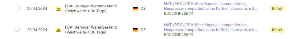 Amazon Hinweis FBA geringer Warenbestand < 30 Tage