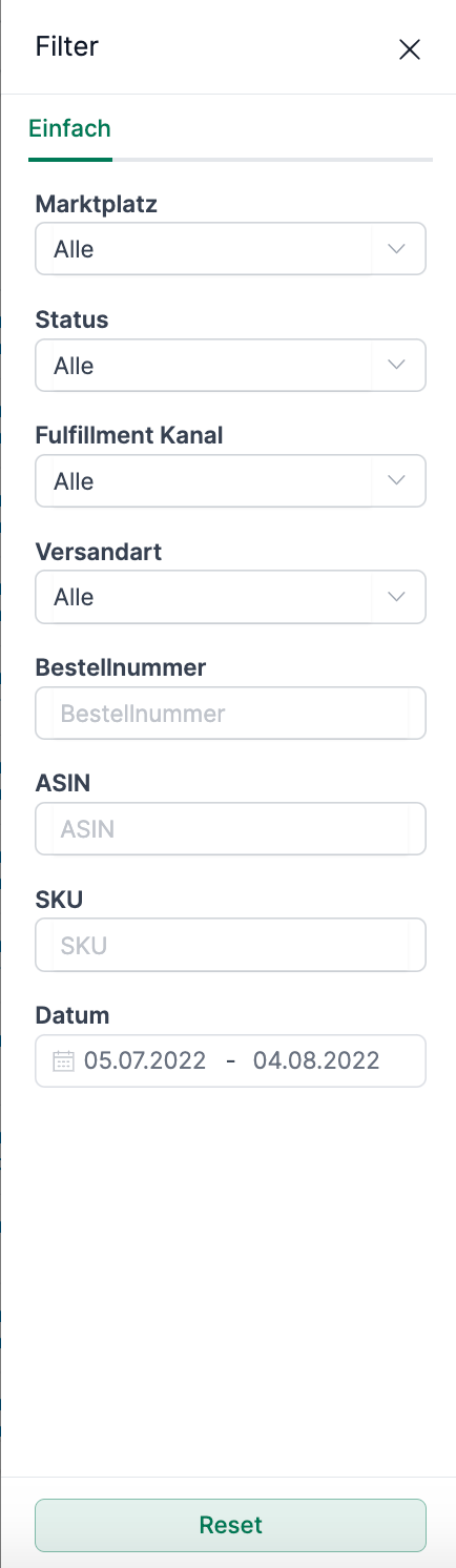 AMALYTIX Seller Bestellungen Filteroptionen