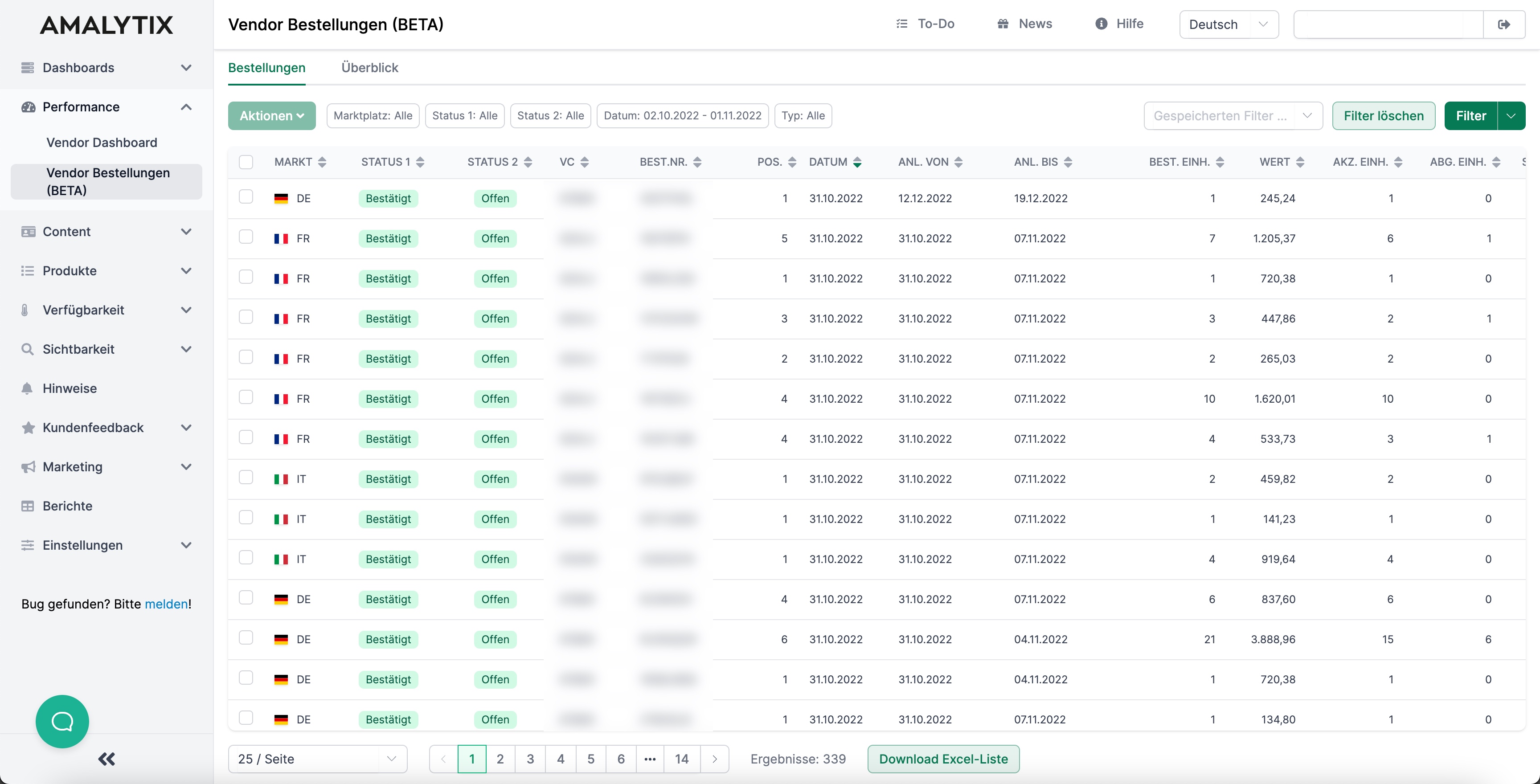 Übersicht über alle Vendor Bestellungen in AMALYTIX