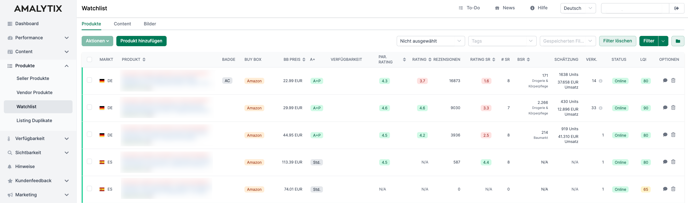 Überwachung von beliebigen ASINs in AMALYTIX