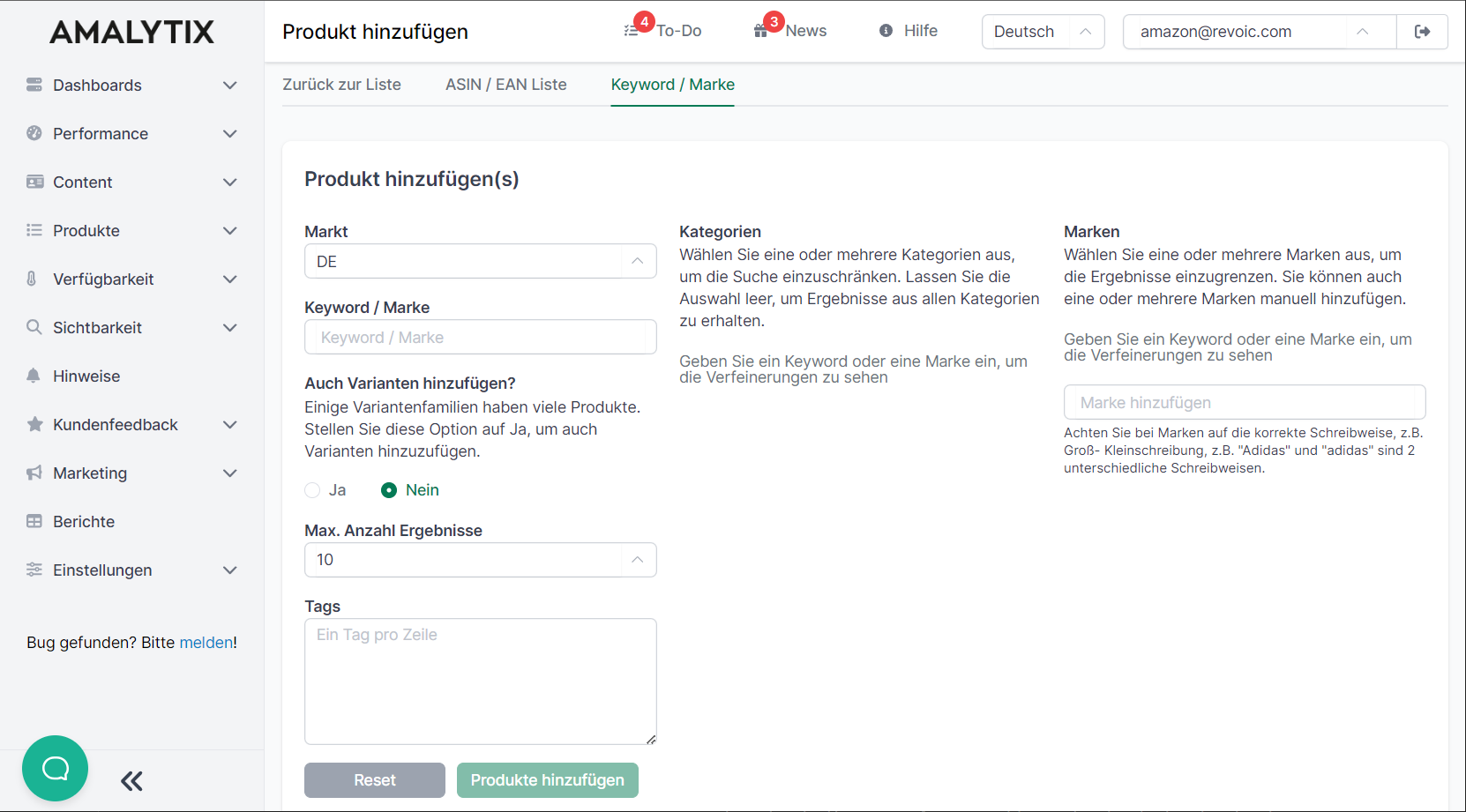 Produkte hinzufügen in  AMALYTIX