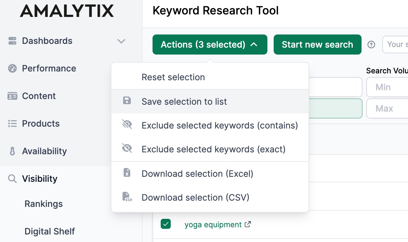 AMALYTIX Save keywords list