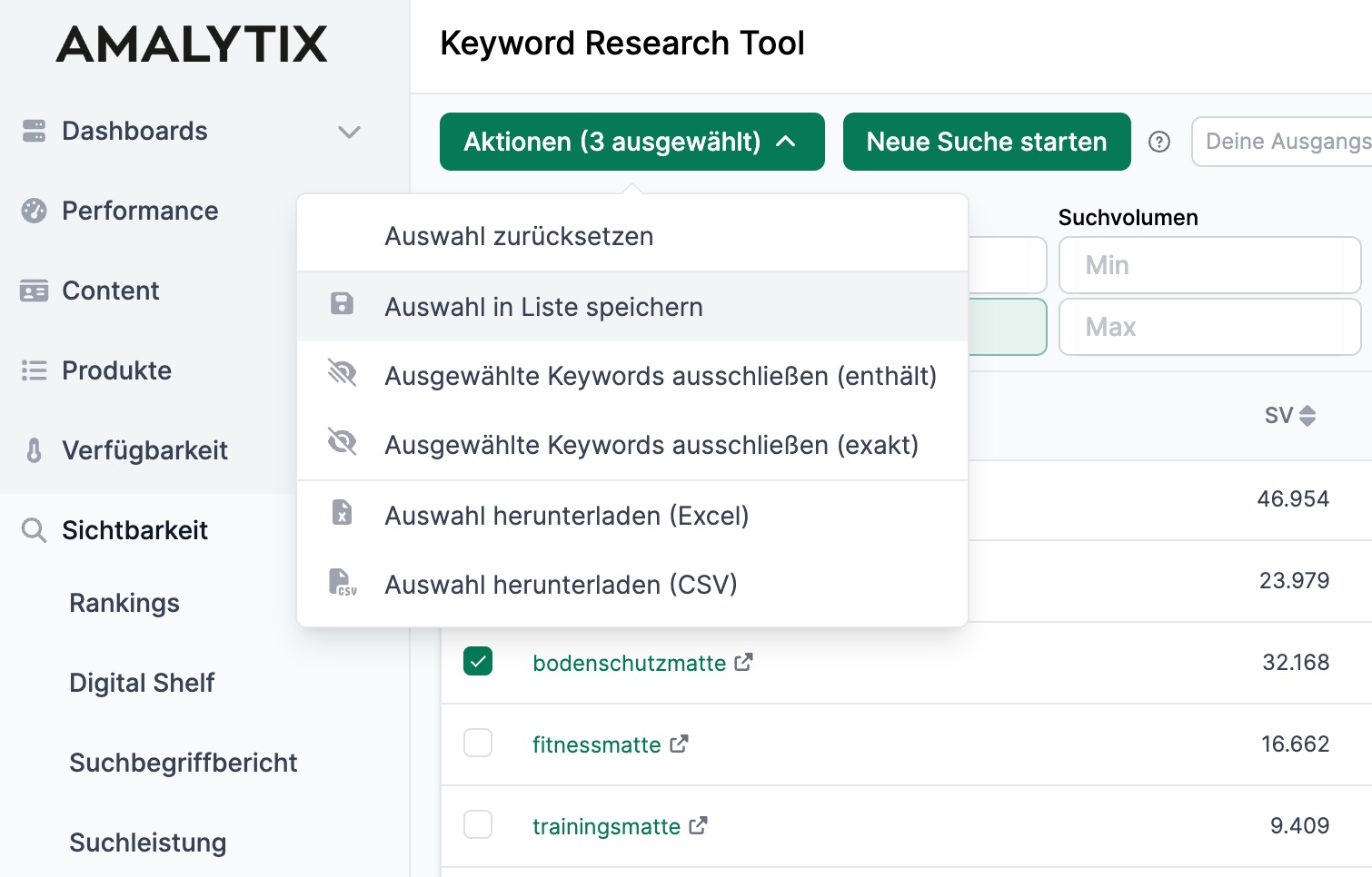 AMALYTIX Keywords Liste speichern