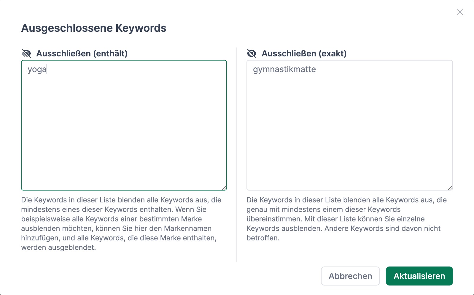 AMALYTIX Keywords ausblenden