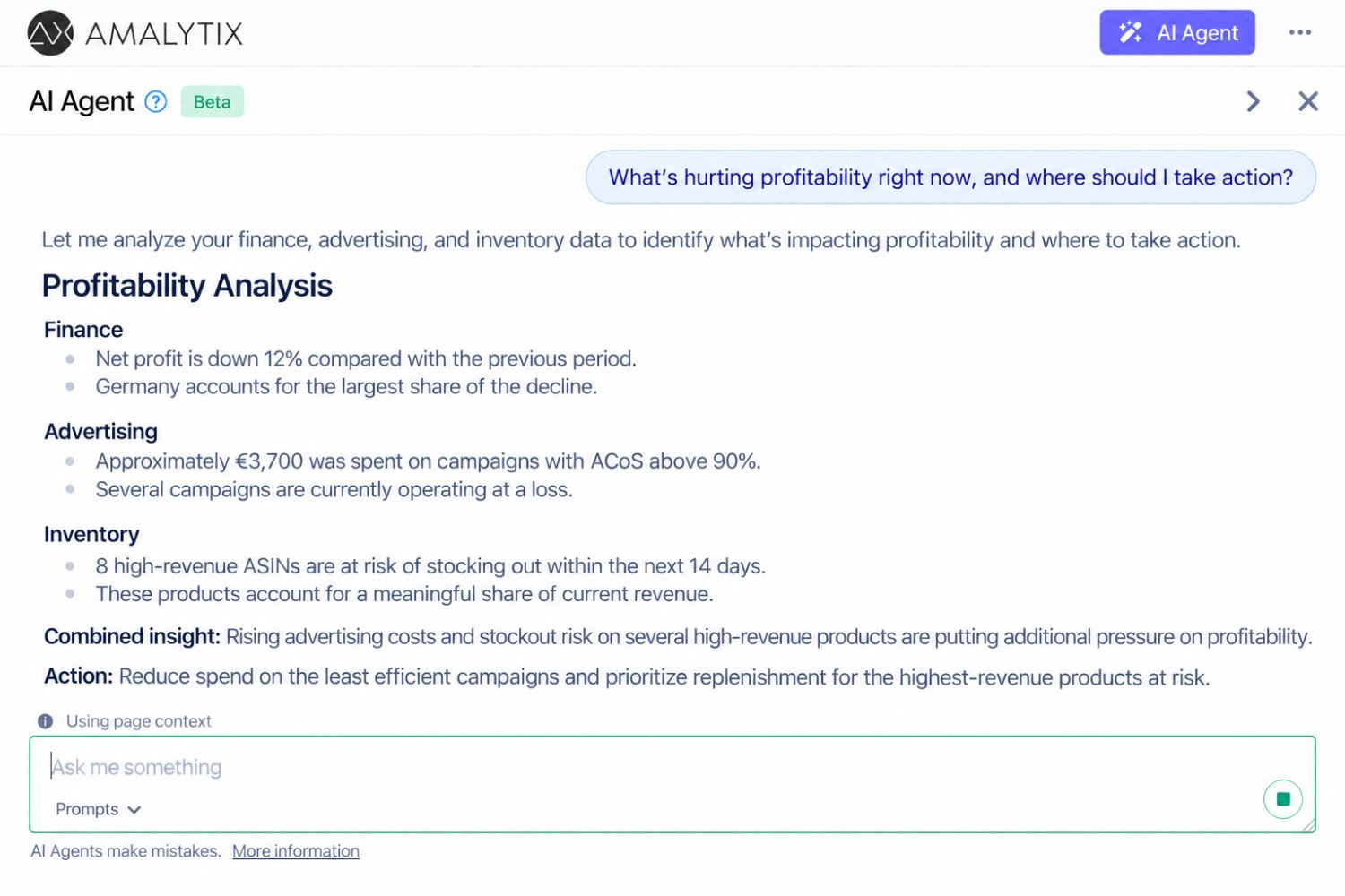 Analyze across finance, ads, inventory, and content