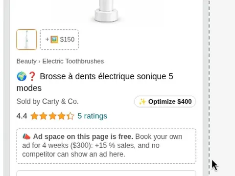 Produktkarte im Spiel: Aus dem Titel „Electric Toothbrush“ wird „Brosse à dents électrique sonique 5 modes“.
