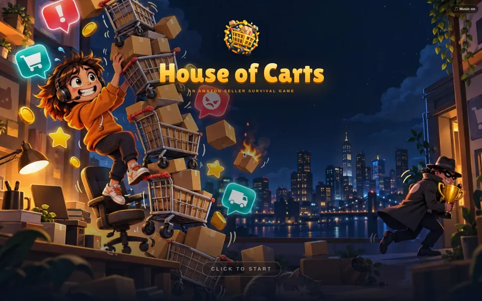 Titelbild von House of Carts: Eine Comicfigur balanciert einen wackelnden Turm aus Einkaufswagen, während ein Dieb mit einem Pokal davonläuft. Danach zeigt der Clip einen geänderten Produkttitel, einen Konkurrenten, der die Buy Box holt, einen Preisfehler und Black Friday.