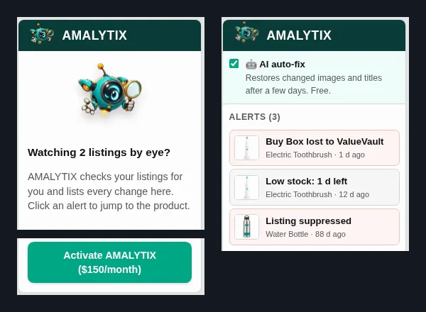 Zwei Panels aus dem Spiel: der AMALYTIX-Helfer mit dem Button „Activate AMALYTIX ($150/month)“ und, nach dem Einschalten, AI auto-fix mit Hinweisen zu verlorener Buy Box, niedrigem Bestand und unterdrücktem Listing.