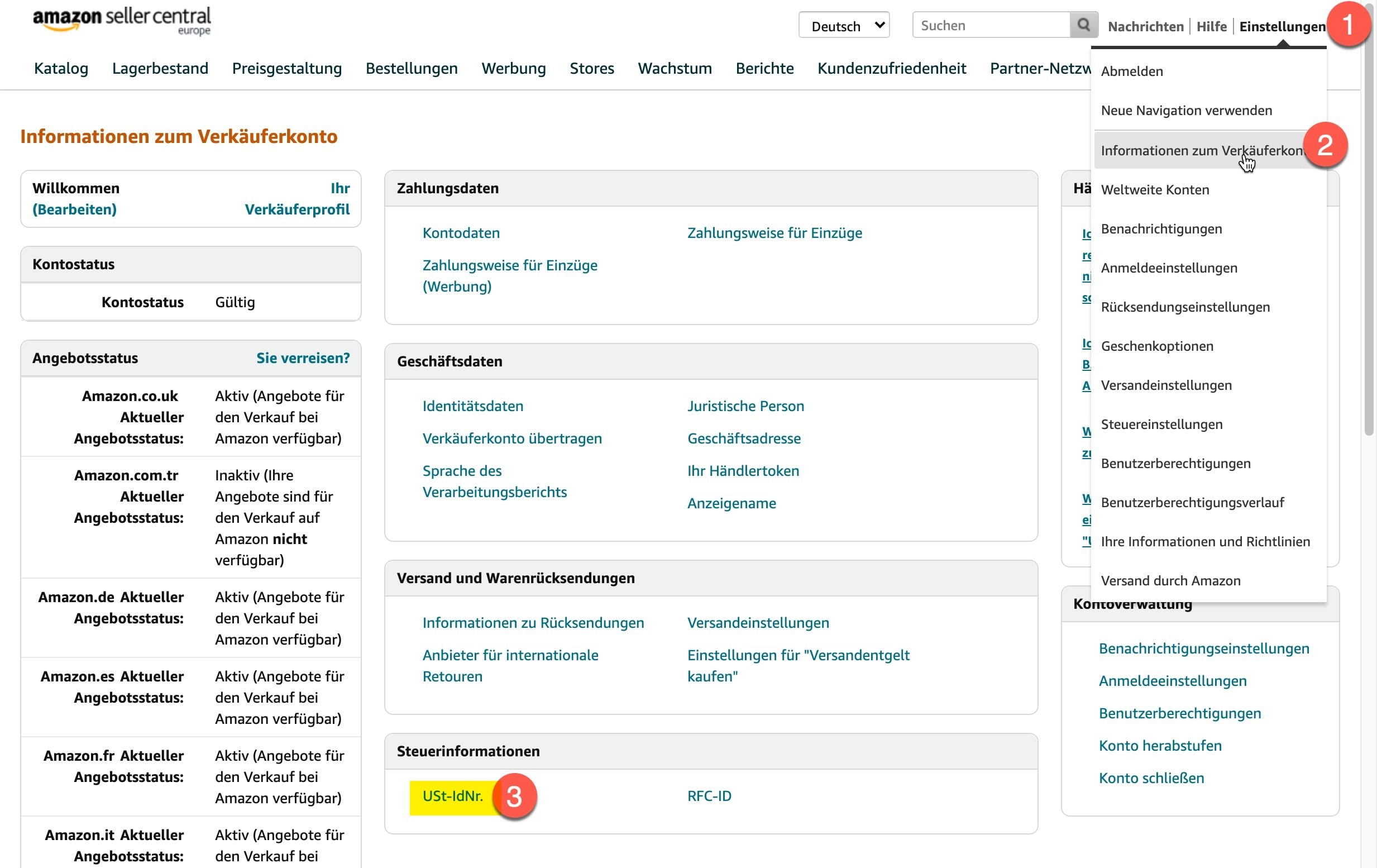 Umsatzsteuer-ID in Seller Central hinterlegen