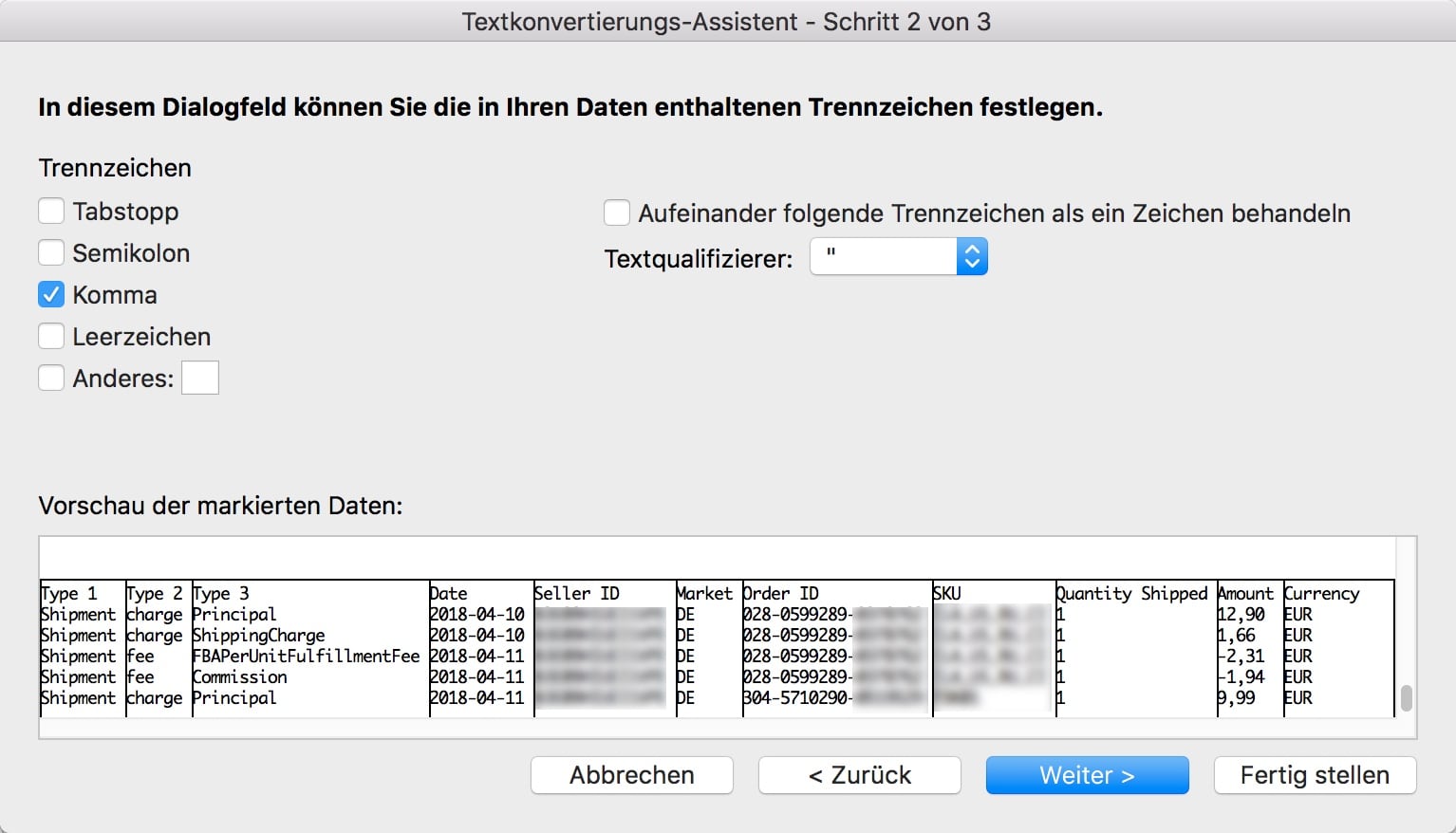 Amazon Excel Komma Trennzeichen