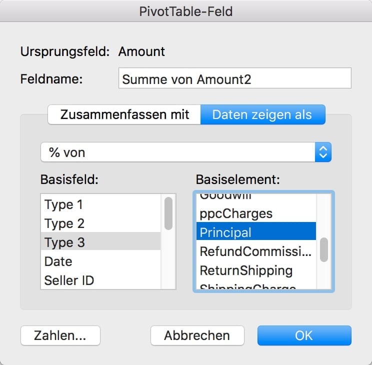 Abbildung eines PivotTable-Feldes mit der Einstellung Type 3 Principal