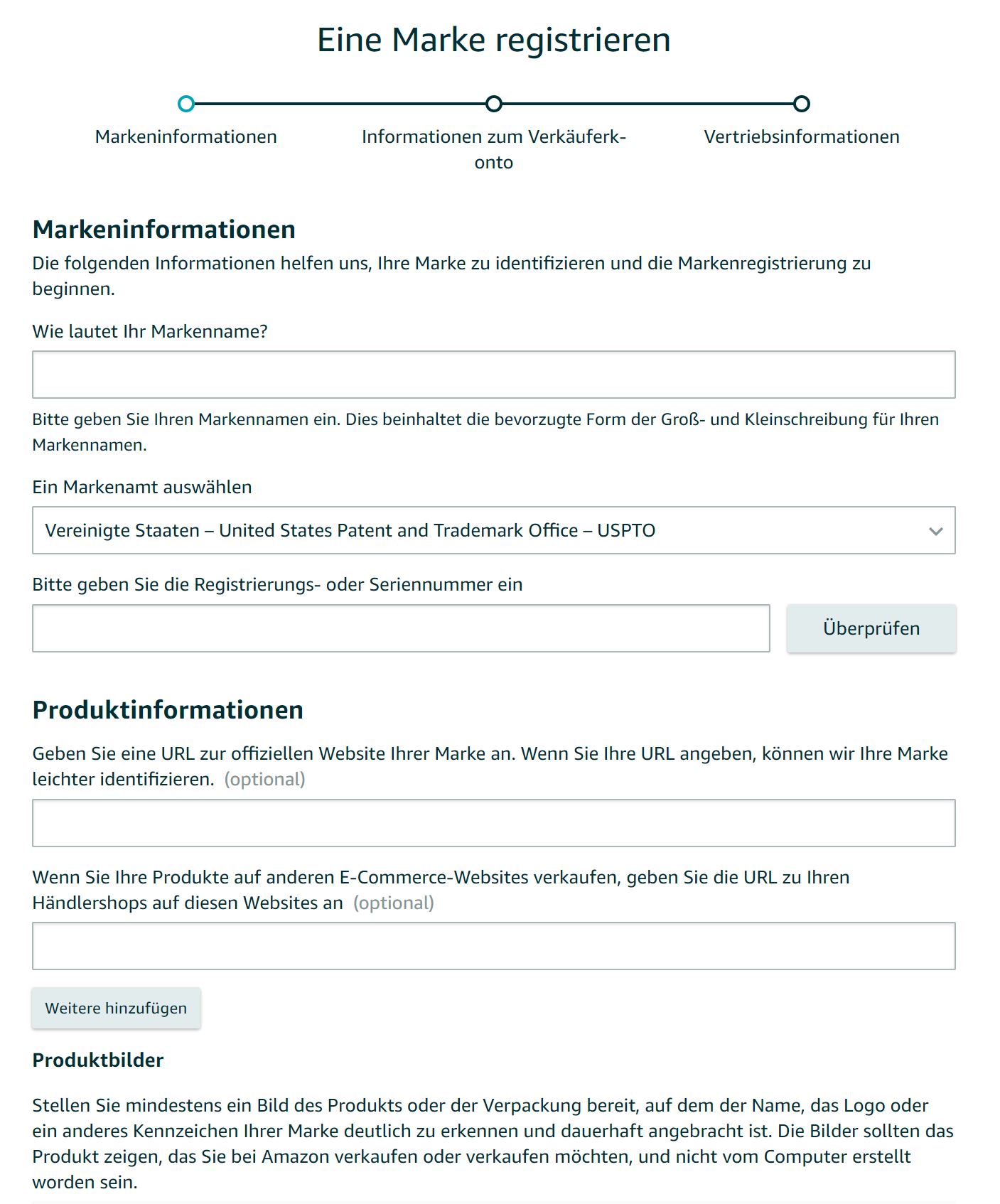 Formular zur Registrierung einer Marke