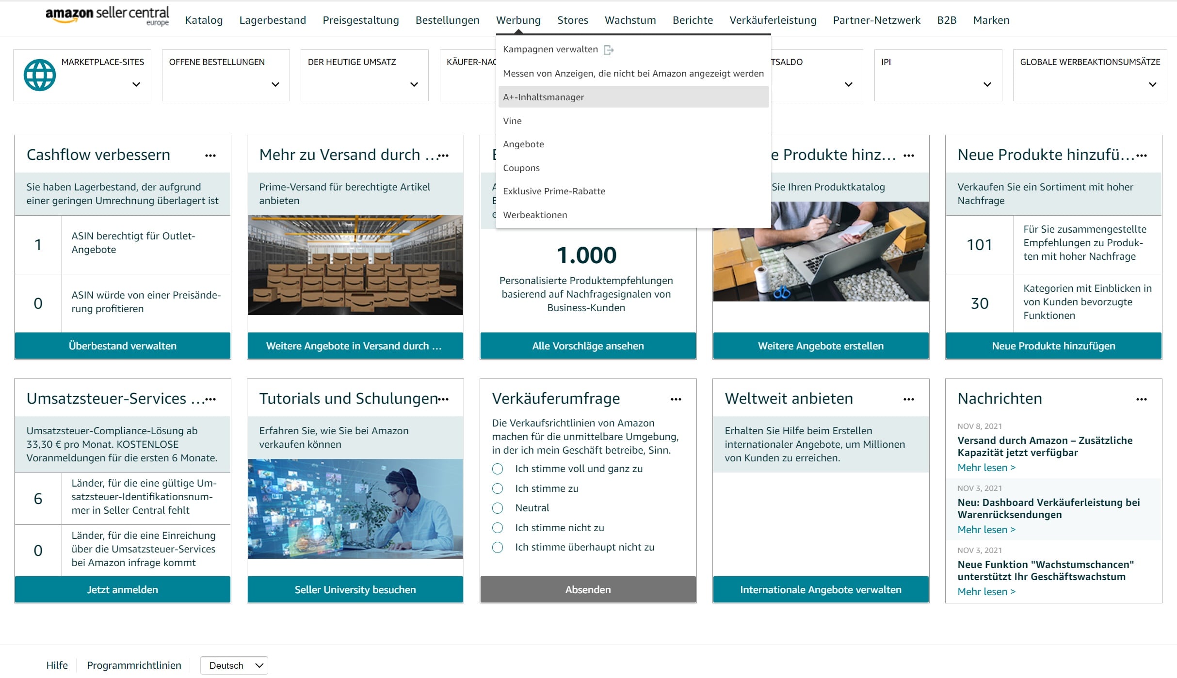 Hier finden Sie in Seller Central den A+ Inhaltsmanager
