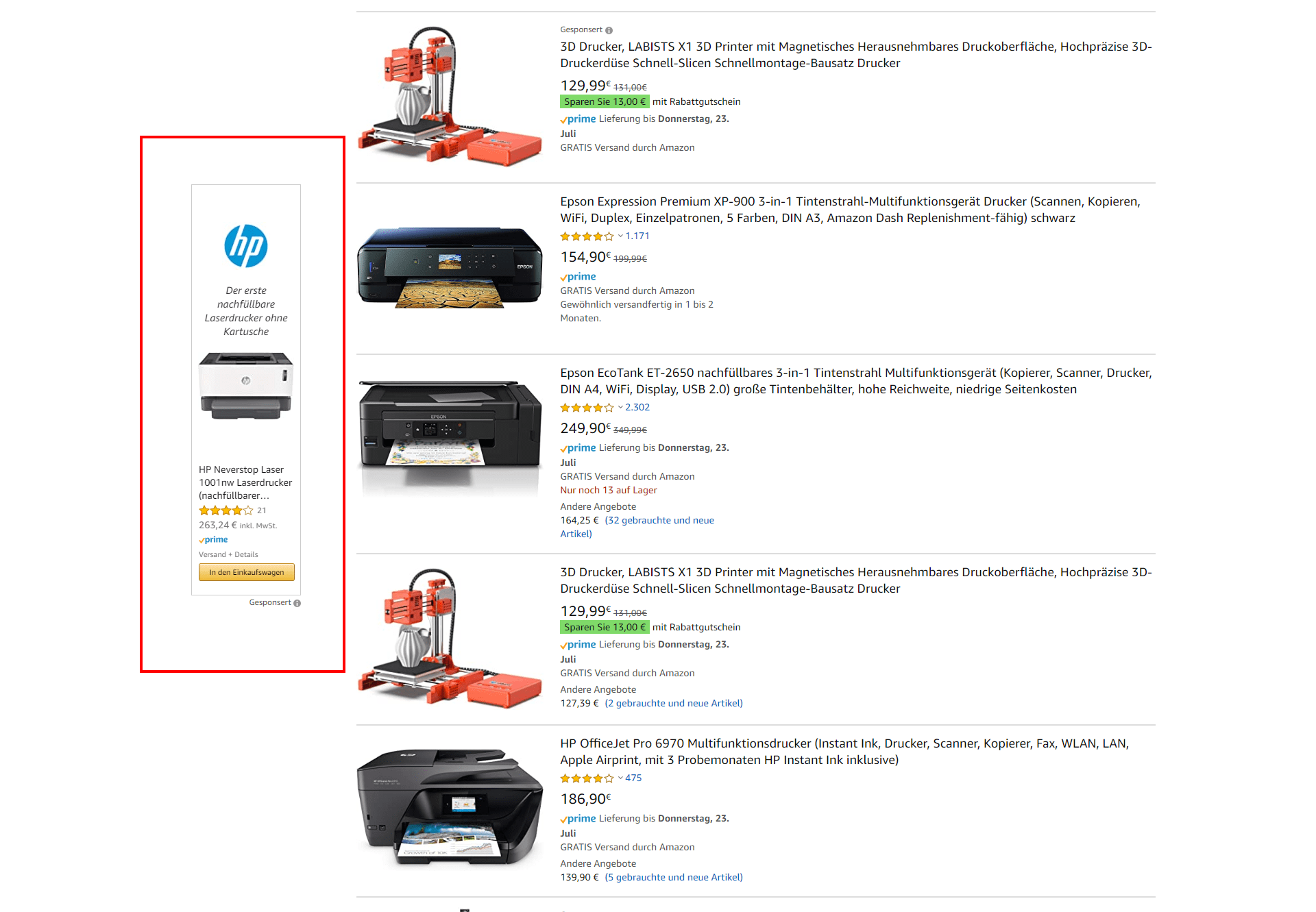 Beispiel von Amazon Sponsored Brands Anzeigen auf der Suchergebnisseite links