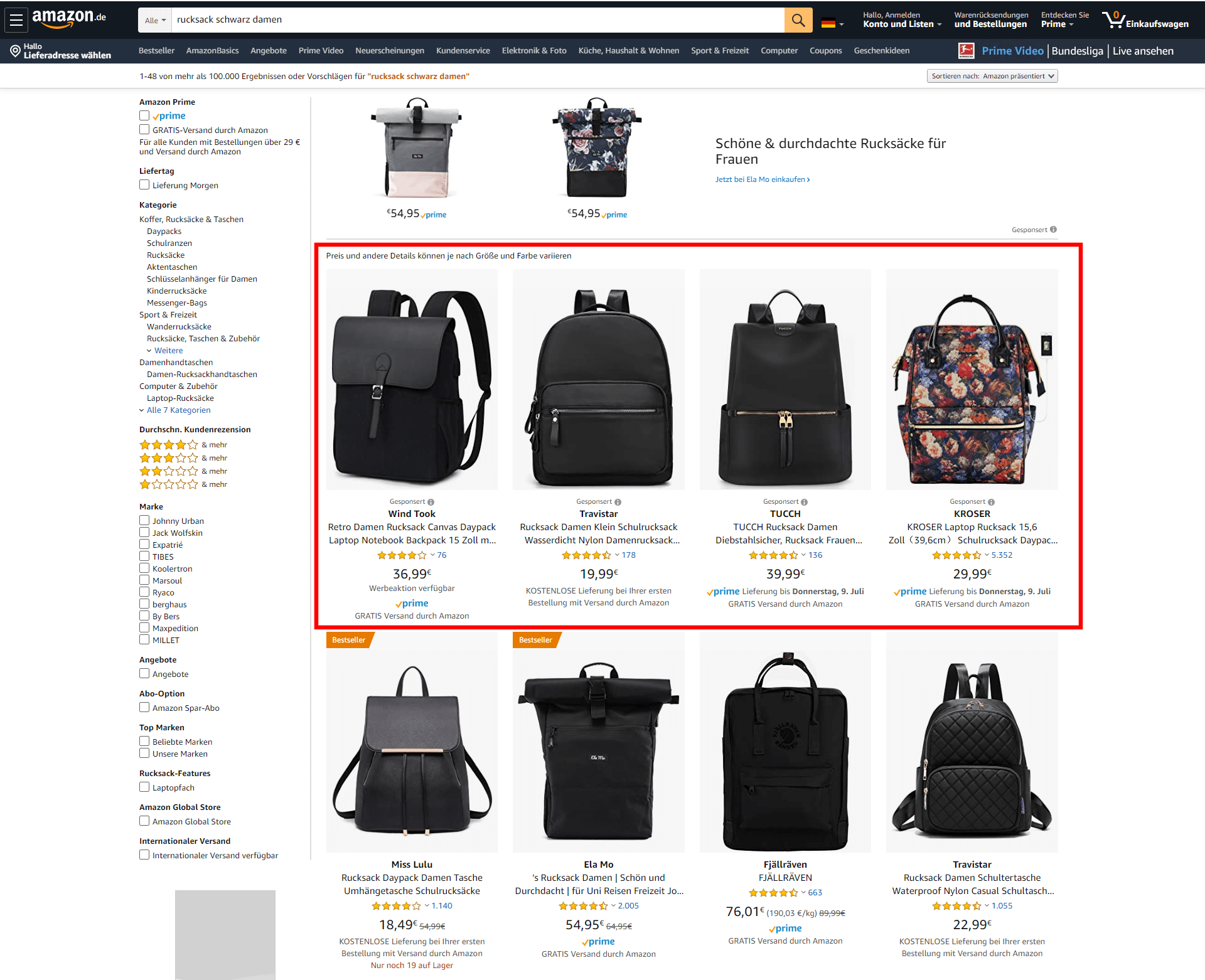 Amazon Sponsored Products Anzeigen für den Suchbegriff 'Rucksack schwarz Damen' oben in den Suchergebnissen