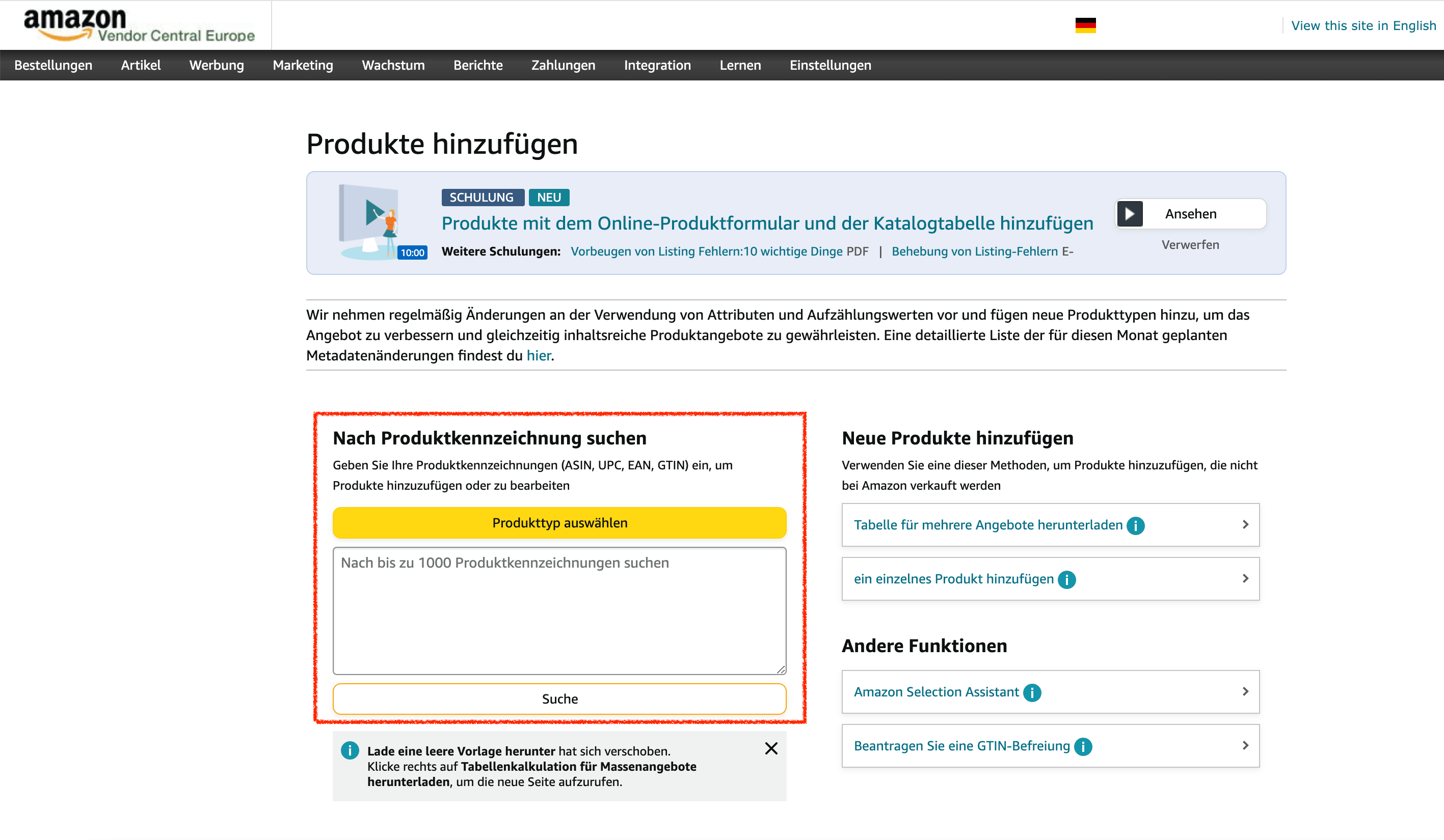 Produkte mithilfe von Produkt-IDs im Amazon Vendor Central hinzufügen