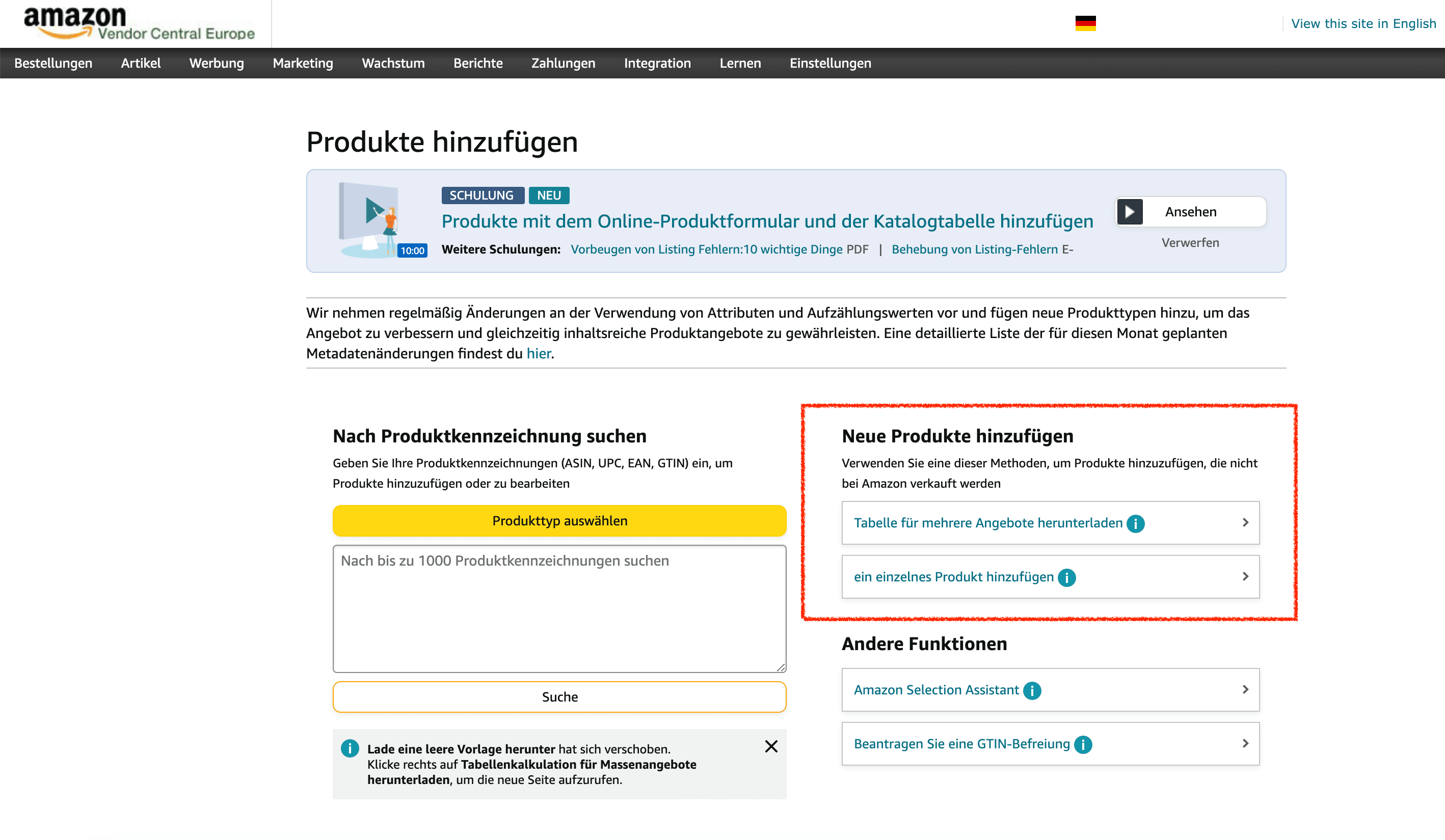 Produkte mithilfe einer Tabelle im Amazon Vendor Central hochladen