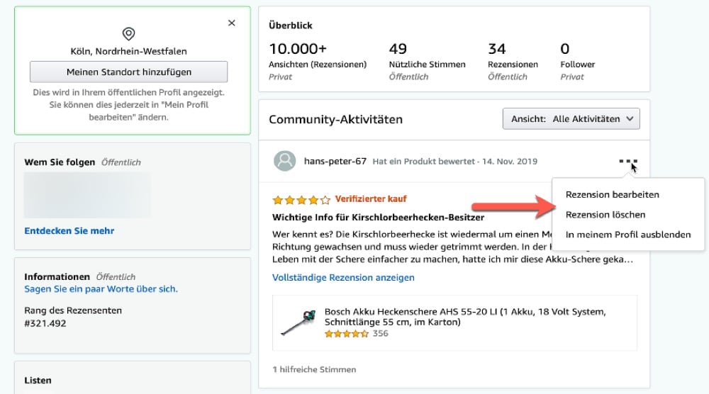 Amazon Rezension Übersicht Community Aktivitäten des Rezensenten