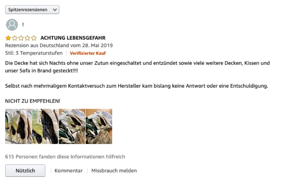 Beispiel einer negativen Spitzenrezension auf Amazon mit vernichtender Wirkung