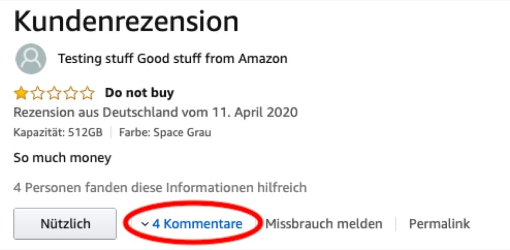 Abbildung einer Amazon Rezension mit grauem Kommentar-Link
