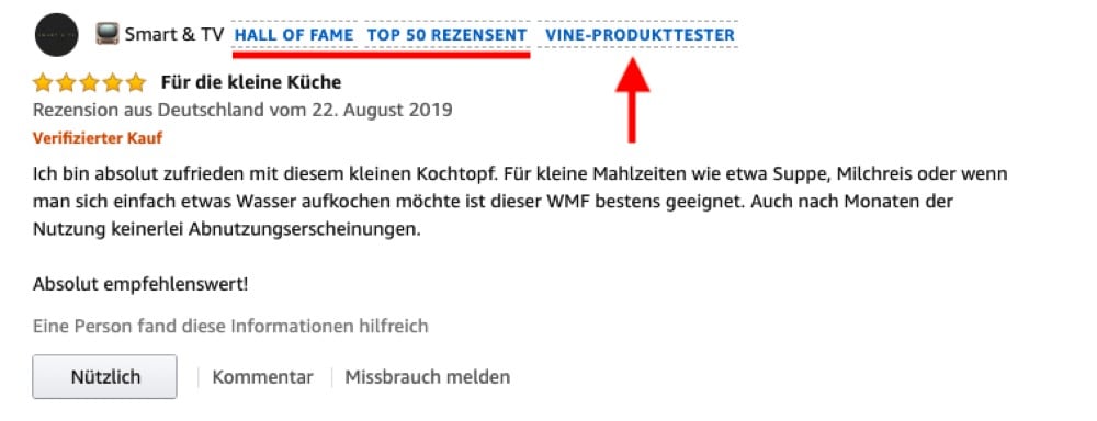 Abbildung eines Amazon Rezensenten mit mehreren Amazon Badges