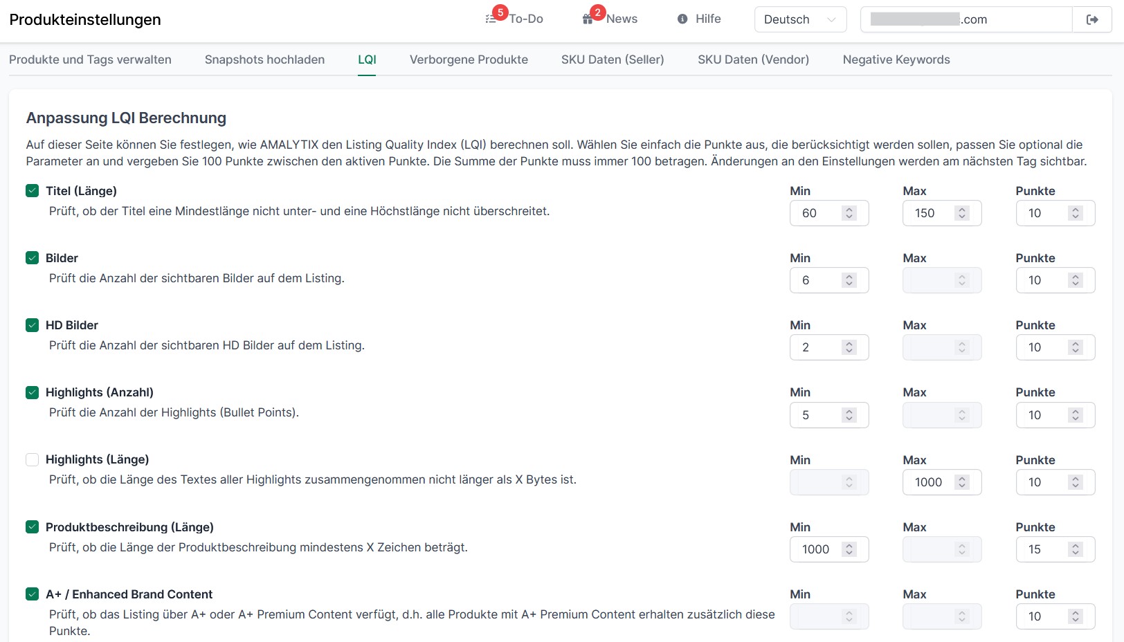 AMALYTIX Listing Quality Index Produkteinstellungen
