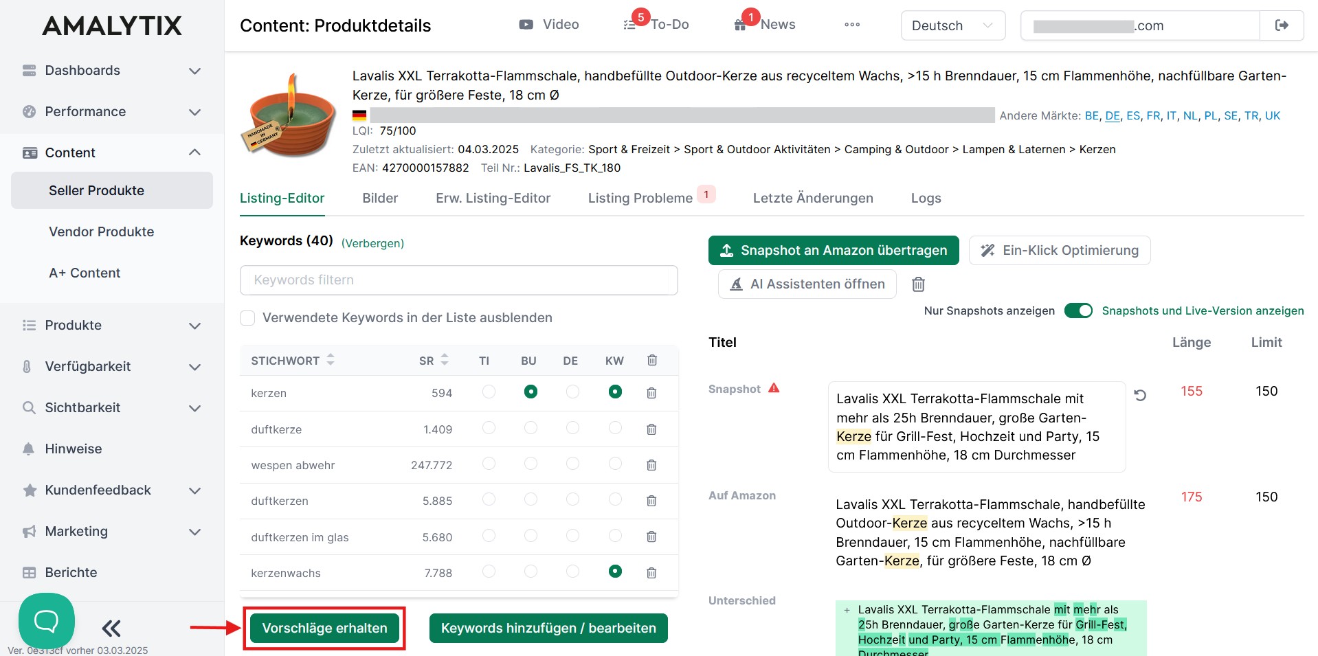 Amazon Keyword-Recherche in Amalytix