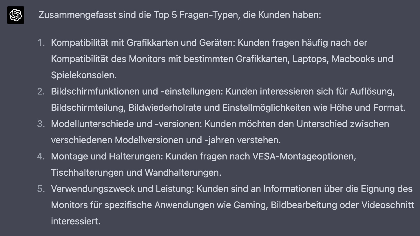 Antwort von ChatGPT mit einer Zusammenfassung der häufigsten Kundenfragen