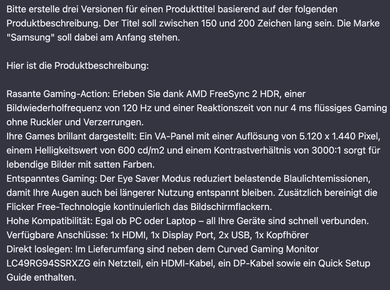 Prompt zum Amazon Produkttitel an ChatGPT