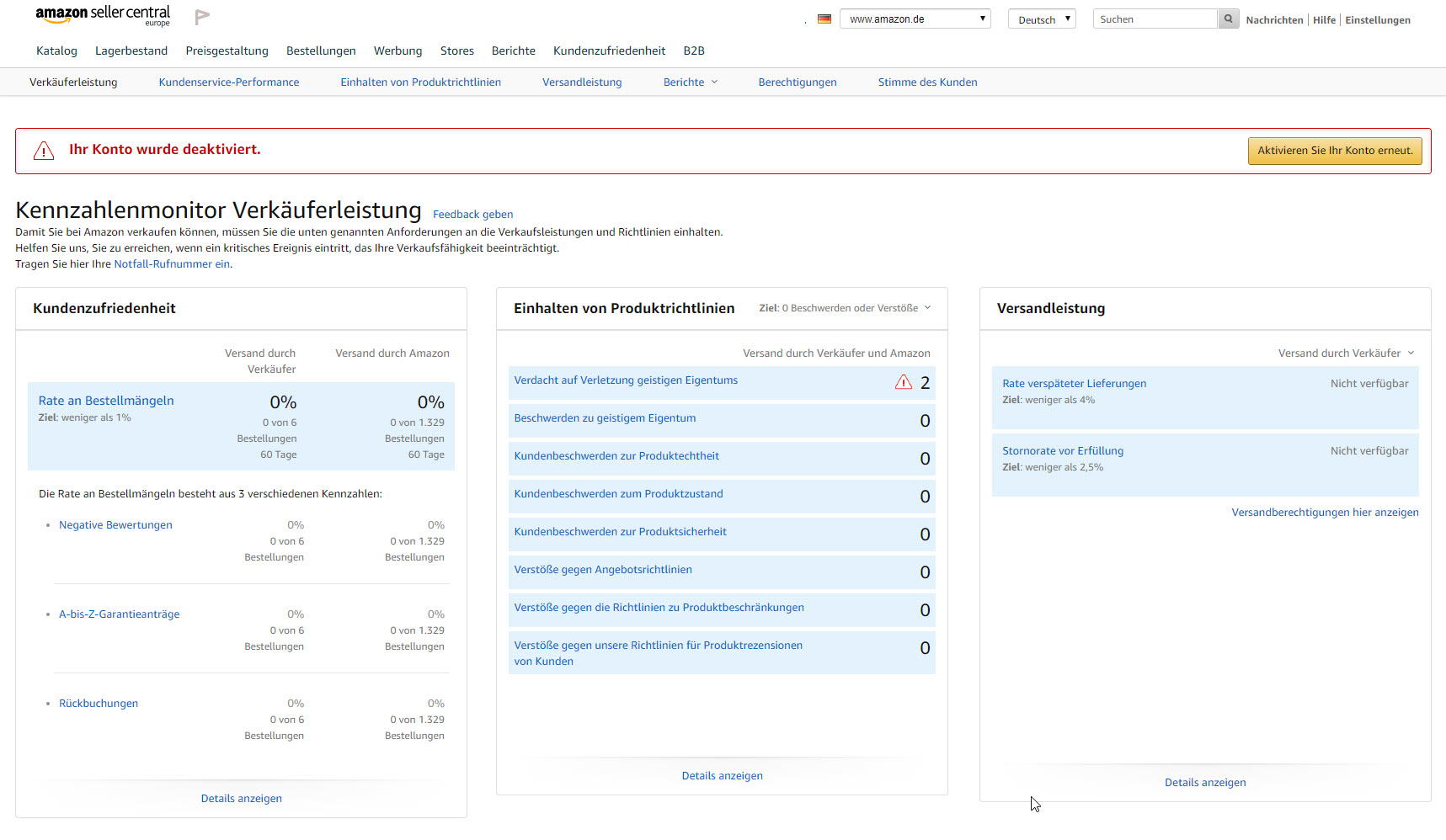 Benachrichtigung im Amazon Seller Central: Ihr Konto wurde deaktiviert