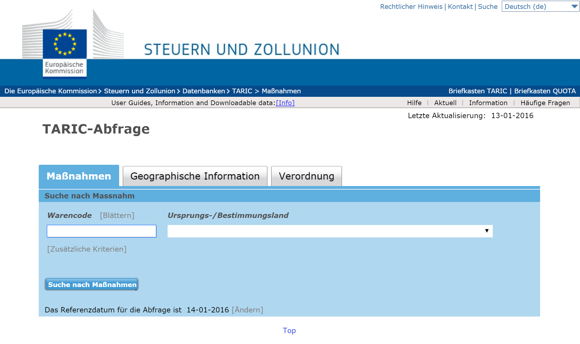 Abbildung der TARIC-Abfrage für die Berechnung des Zollsatzes als Basis der Amazon Stückkosten